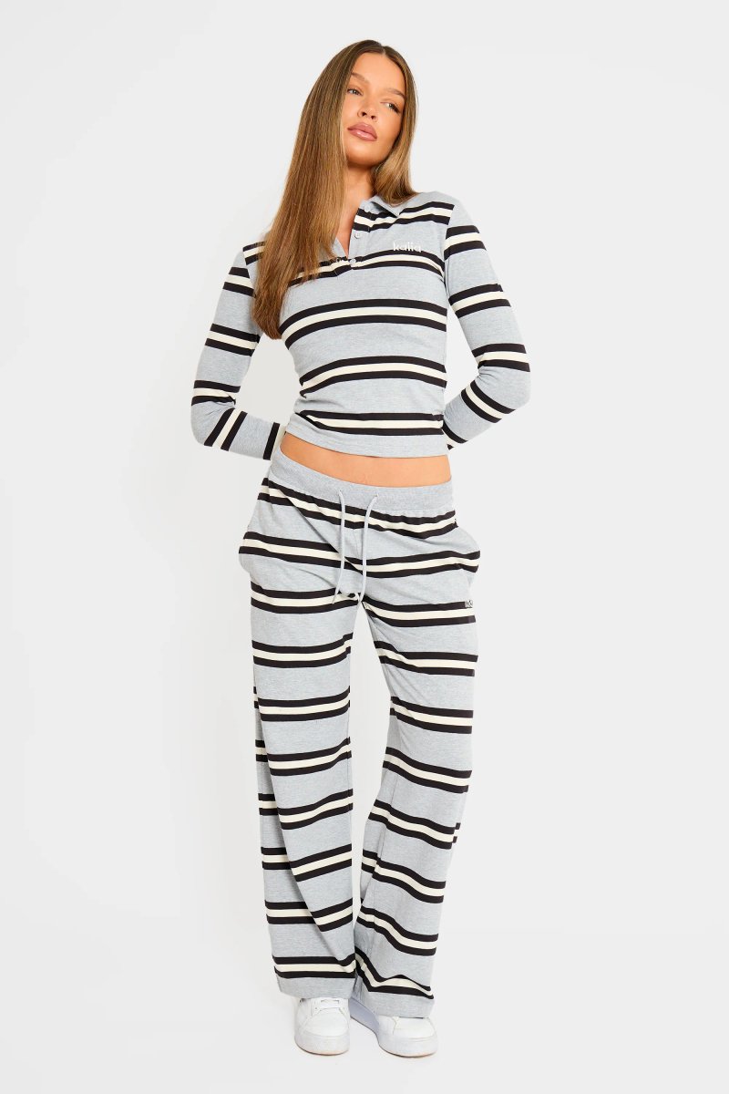 Kaiia Kaiia Striped Long Sleeve Polo Top Grey Marl, Cream & Black - 3