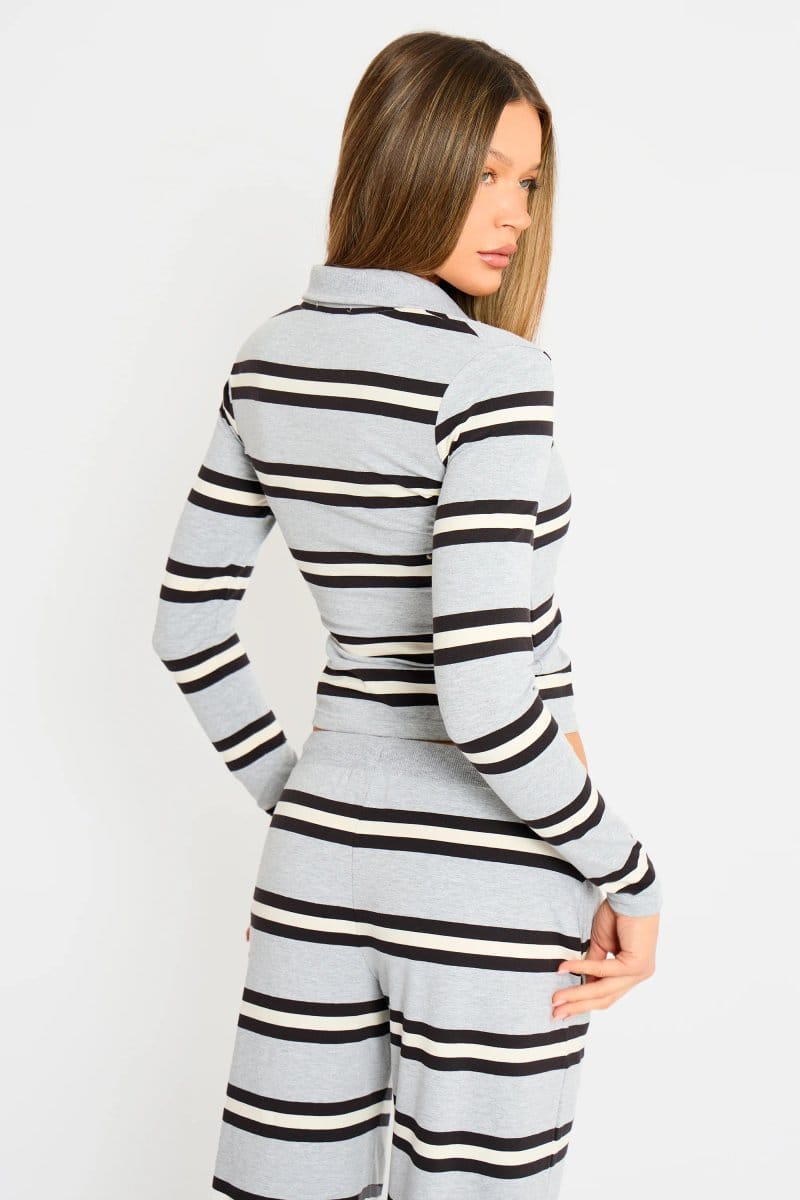 Kaiia Kaiia Striped Long Sleeve Polo Top Grey Marl, Cream & Black - 4