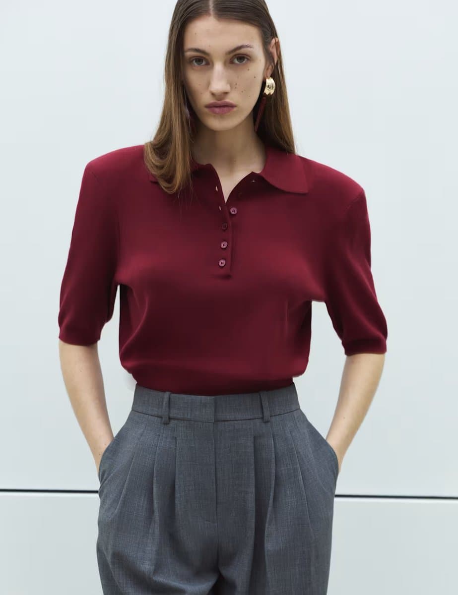 Marks & Spencer M&S Collared Slim Fit Cropped Knitted Top Wine