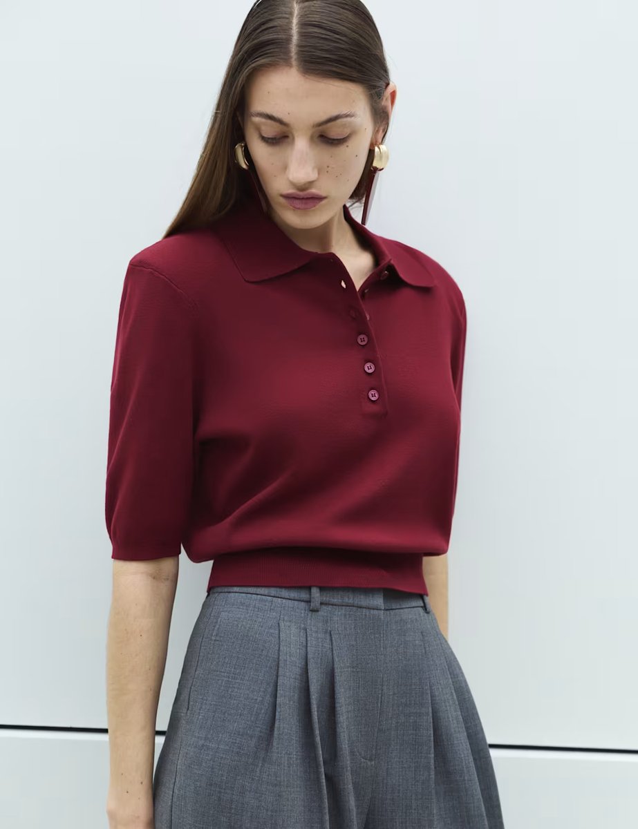 Marks & Spencer M&S Collared Slim Fit Cropped Knitted Top Wine - 3