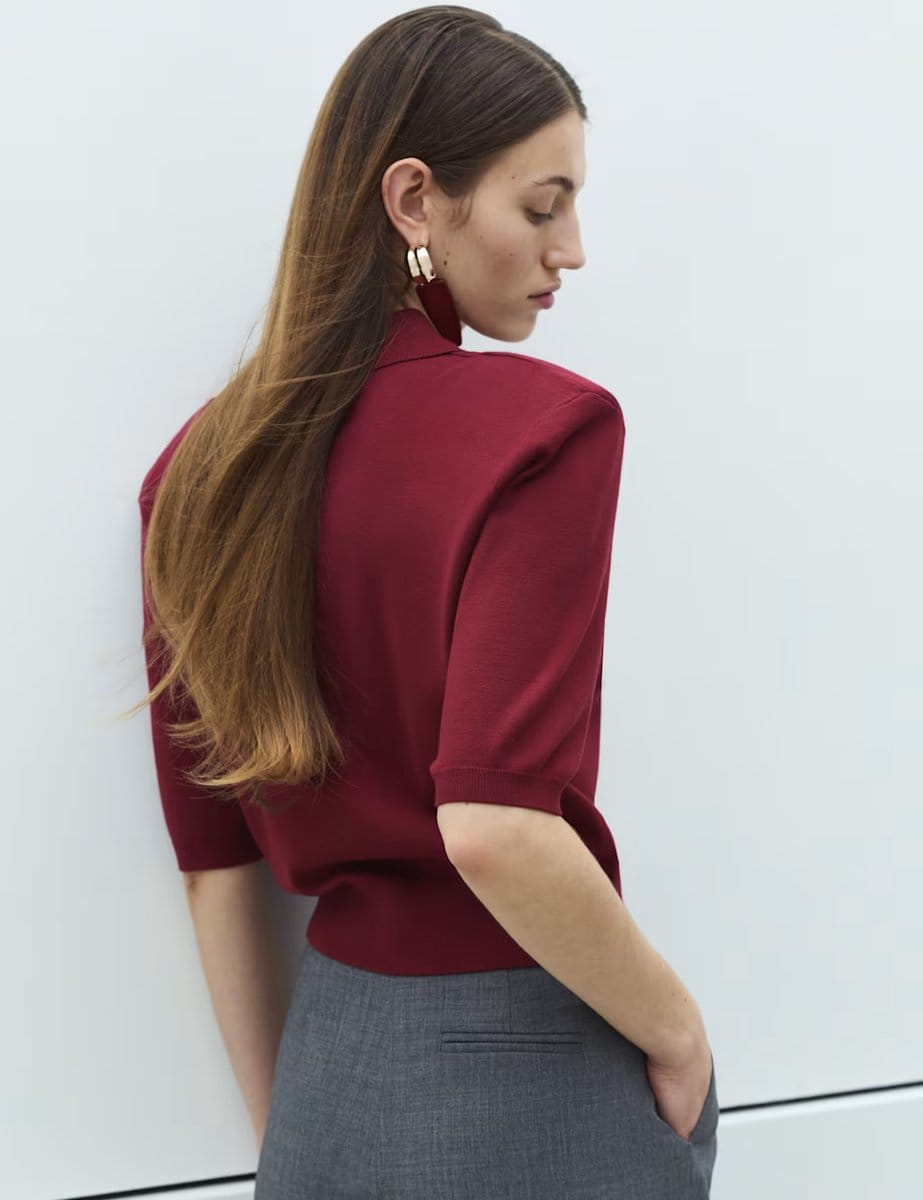 Marks & Spencer M&S Collared Slim Fit Cropped Knitted Top Wine - 4