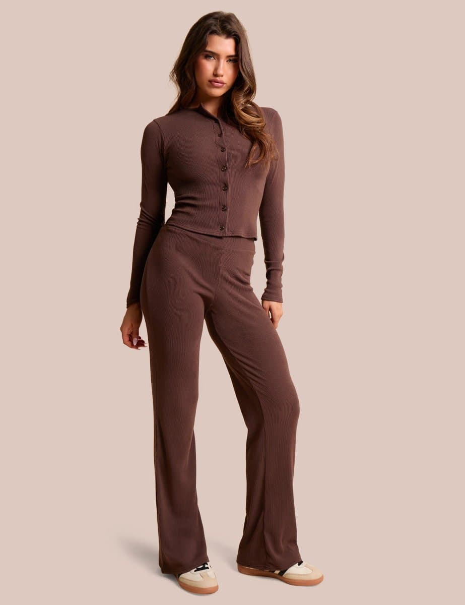 Public Desire High Waist Rib Wide Leg Trouser Chocolate