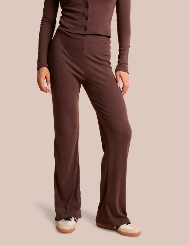 Public Desire High Waist Rib Wide Leg Trouser Chocolate - 2