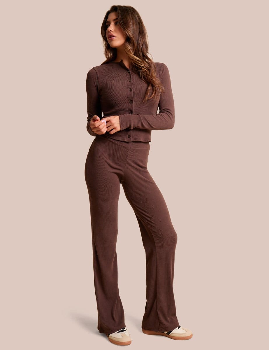 Public Desire High Waist Rib Wide Leg Trouser Chocolate - 4