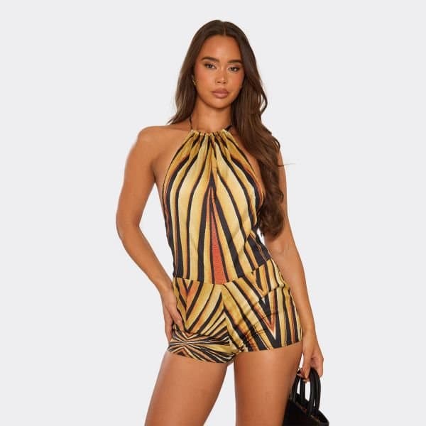 EGO Halterneck Open Back Detail Micro Playsuit In Yellow Multi Printed, Women's Size UK 6