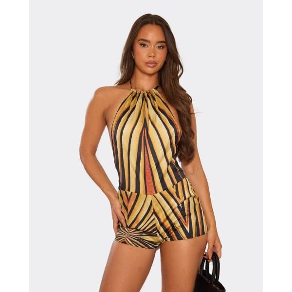 EGO Halterneck Open Back Detail Micro Playsuit In Yellow Multi Printed, Women's Size UK 6 - 2