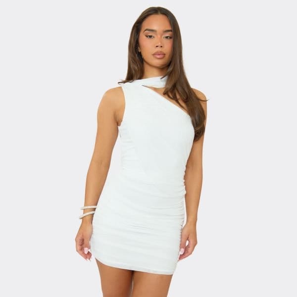 EGO One Shoulder Drape Mini Dress In Cream, Women's Size UK 6 - 2