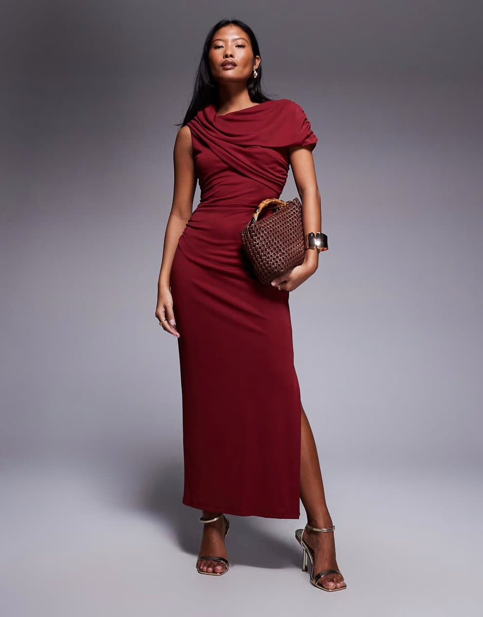 ASOS Forever New Petite mesh ruched cape shoulder detail midi dress in burgundy