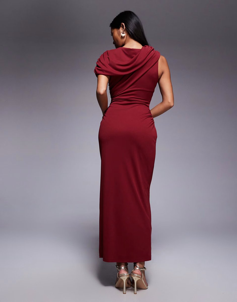ASOS Forever New Petite mesh ruched cape shoulder detail midi dress in burgundy - 3