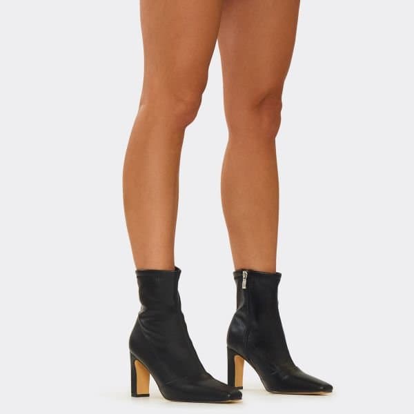 EGO Ryan Pointed Toe Block Heel Ankle Sock Boot In Black Faux Leather, Women's Size UK 3