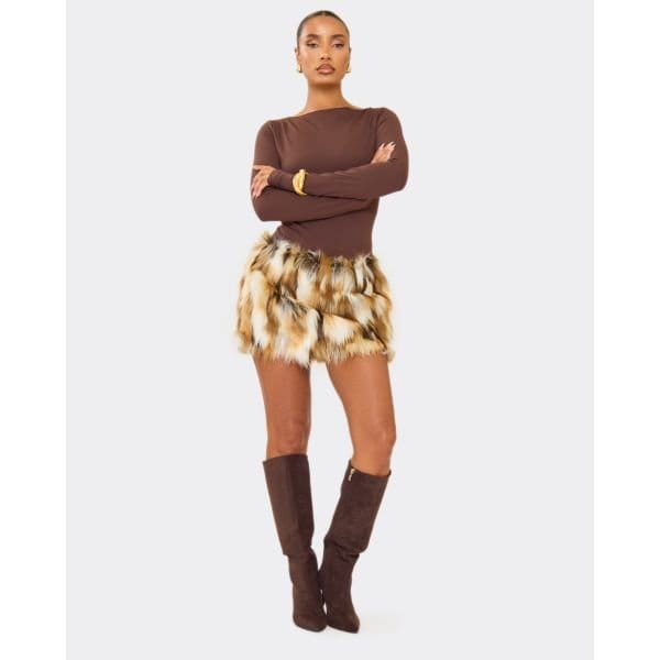 EGO Mid Rise Micro Mini Skirt In Brown Faux Fur, Women's Size UK 6 - 2