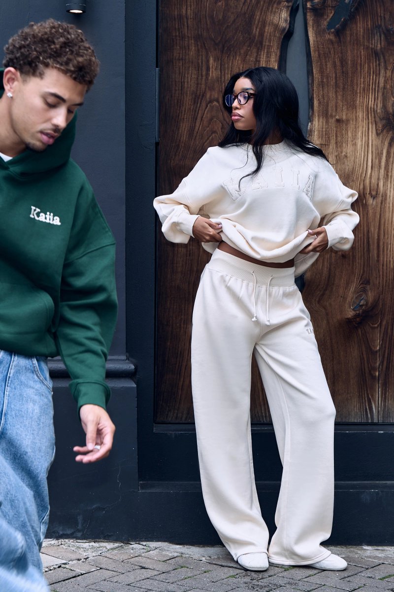 Kaiia Kaiia Ribbed Waistband Wide Leg Joggers Warm Cream - 2