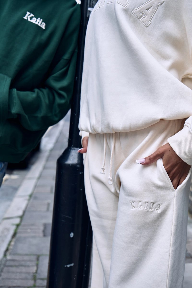 Kaiia Kaiia Ribbed Waistband Wide Leg Joggers Warm Cream - 3