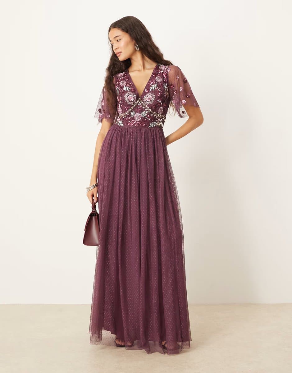 ASOS Maya Floral embellished spot mesh maxi dress in berry