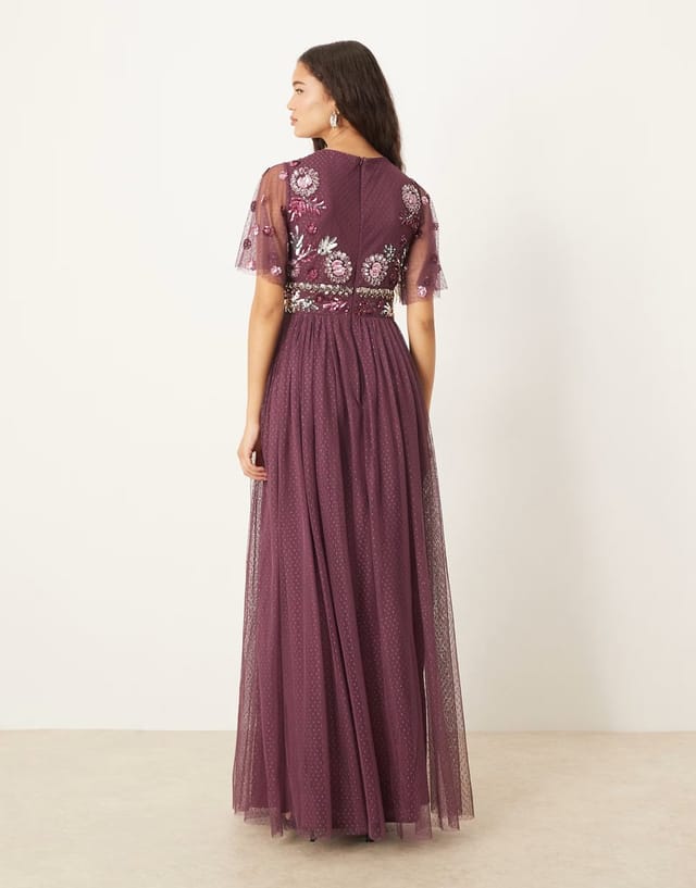 ASOS Maya Floral embellished spot mesh maxi dress in berry - 3