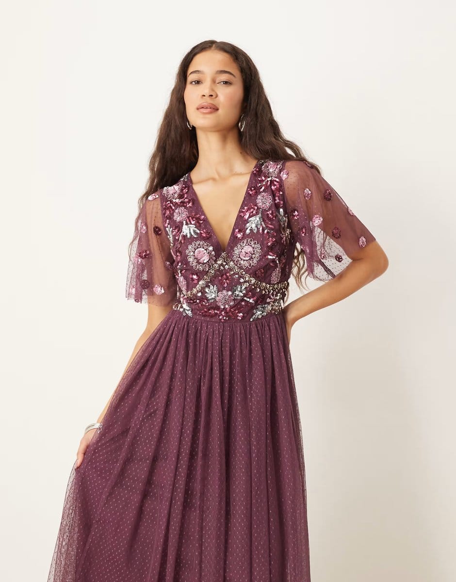 ASOS Maya Floral embellished spot mesh maxi dress in berry - 4