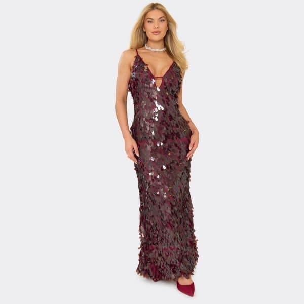 EGO Strappy Plunge Detail Maxi Dress In Burgundy Disc Sequin, Women's Size UK Large L
