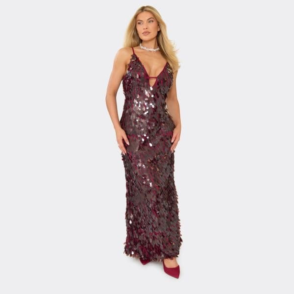 EGO Strappy Plunge Detail Maxi Dress In Burgundy Disc Sequin, Women's Size UK Large L - 2