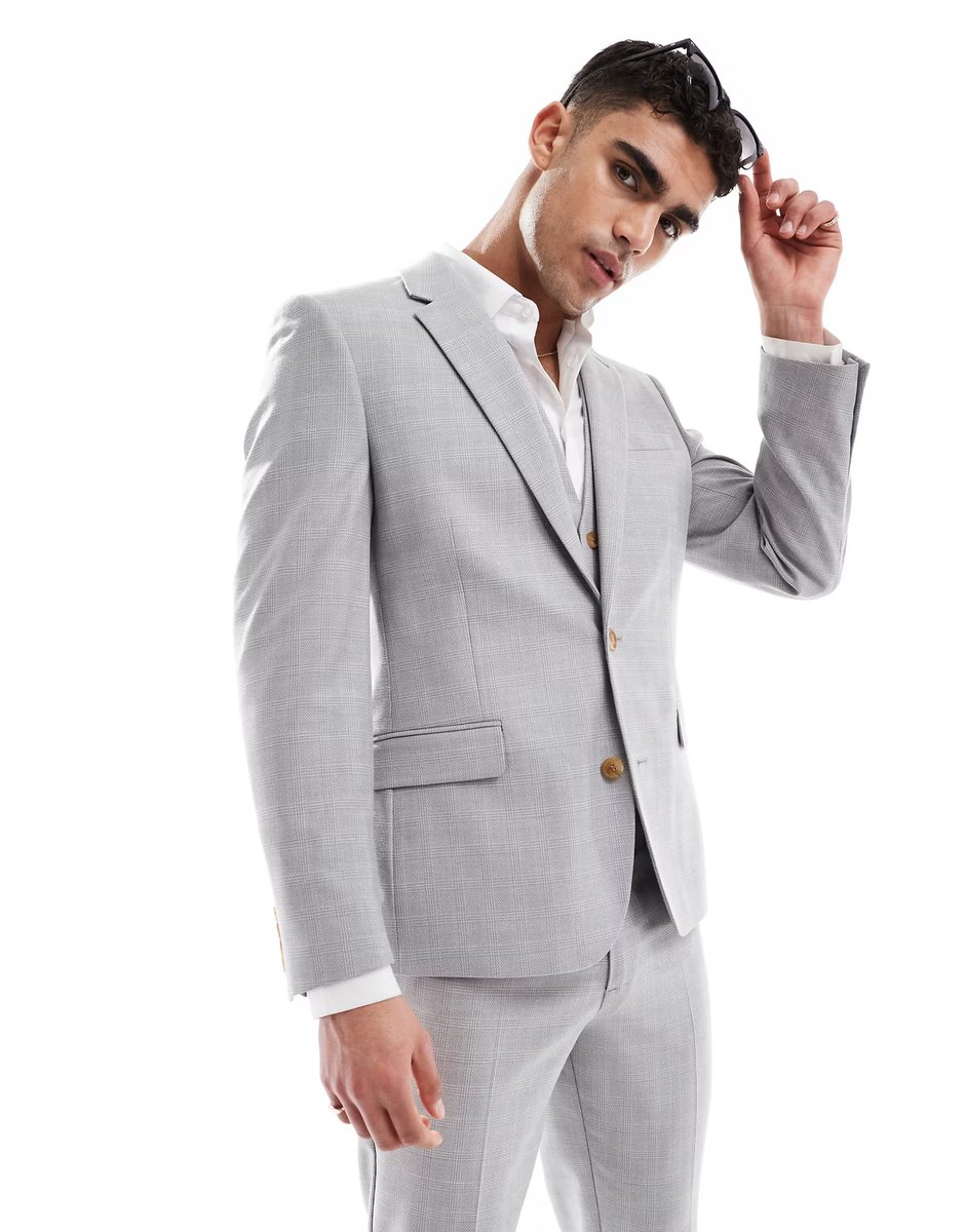 ASOS ASOS DESIGN linen blend skinny suit jacket in grey tonal check - 1