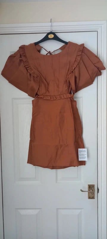 ASOS Design Brad new ladies brown/tan backless Mini Dress with puff sleeves size 10. - 3