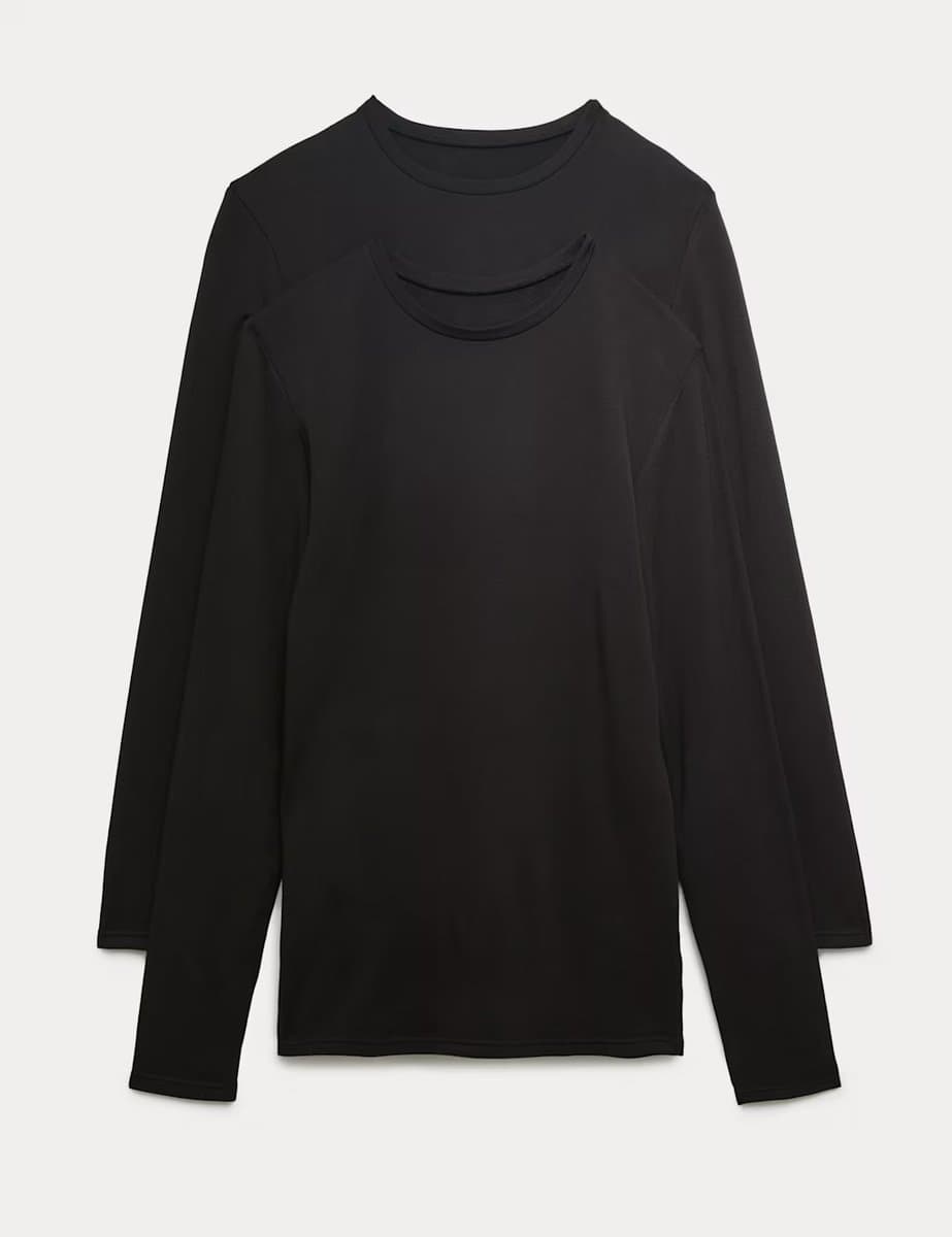 Marks & Spencer M&S Thermal Crew Neck Long Sleeve Tops in Black