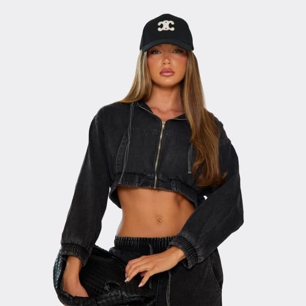 EGO Long Sleeve Zip Down Cropped Hoodie In Washed Black Denim, Women's Size UK Large L - 1