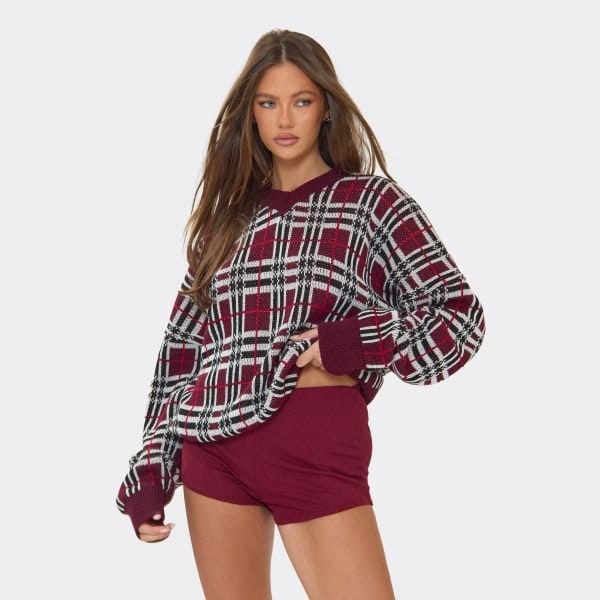 EGO Long Sleeve V Neck Oversized Jumper In Burgundy Tartan Knit, Women's Size UK Large L - 2