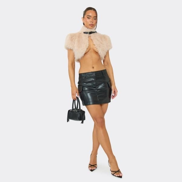 EGO Mid Rise Pocket Detail Faux Leather Mini Skirt In Black, Women's Size UK 6 - 2