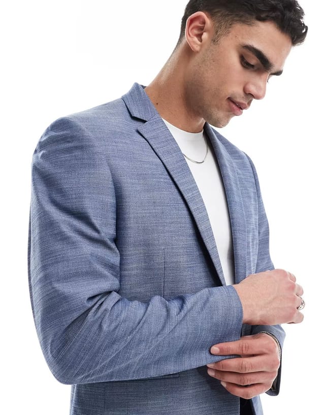 ASOS ASOS DESIGN linen look slim suit jacket in blue - 2