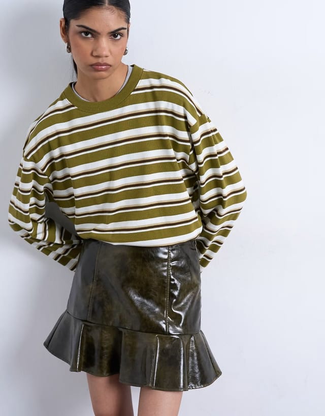 ASOS Topshop vinyl peplum hem mini skirt in green - 2