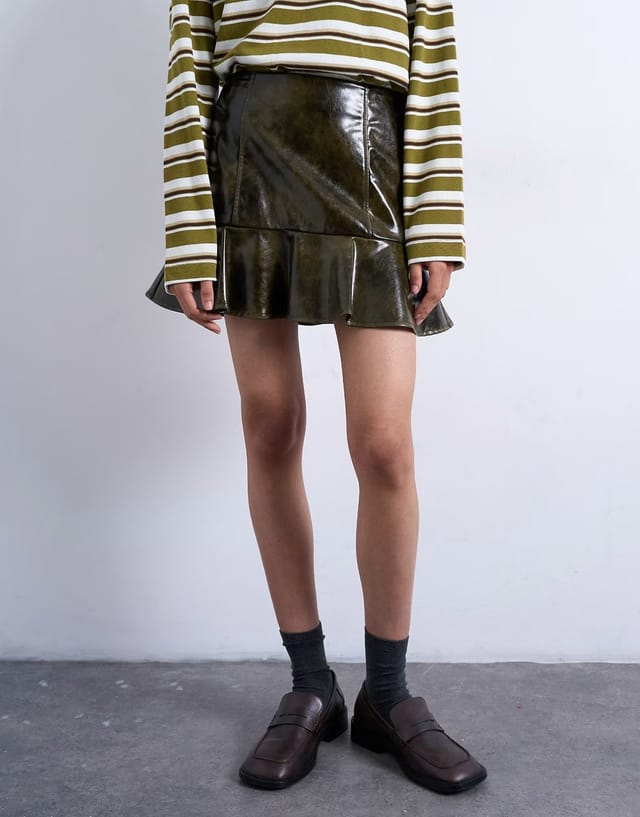 ASOS Topshop vinyl peplum hem mini skirt in green - 3