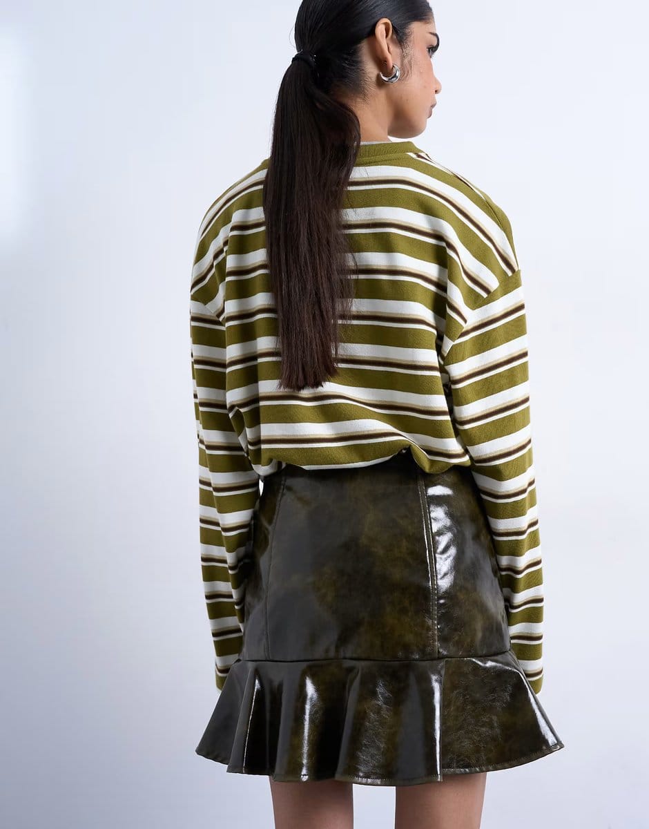 ASOS Topshop vinyl peplum hem mini skirt in green - 4