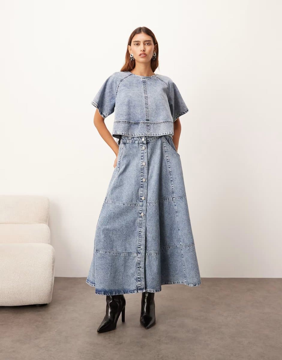 ASOS ARRANGE denim button through midi skirt co ord in mid blue wash