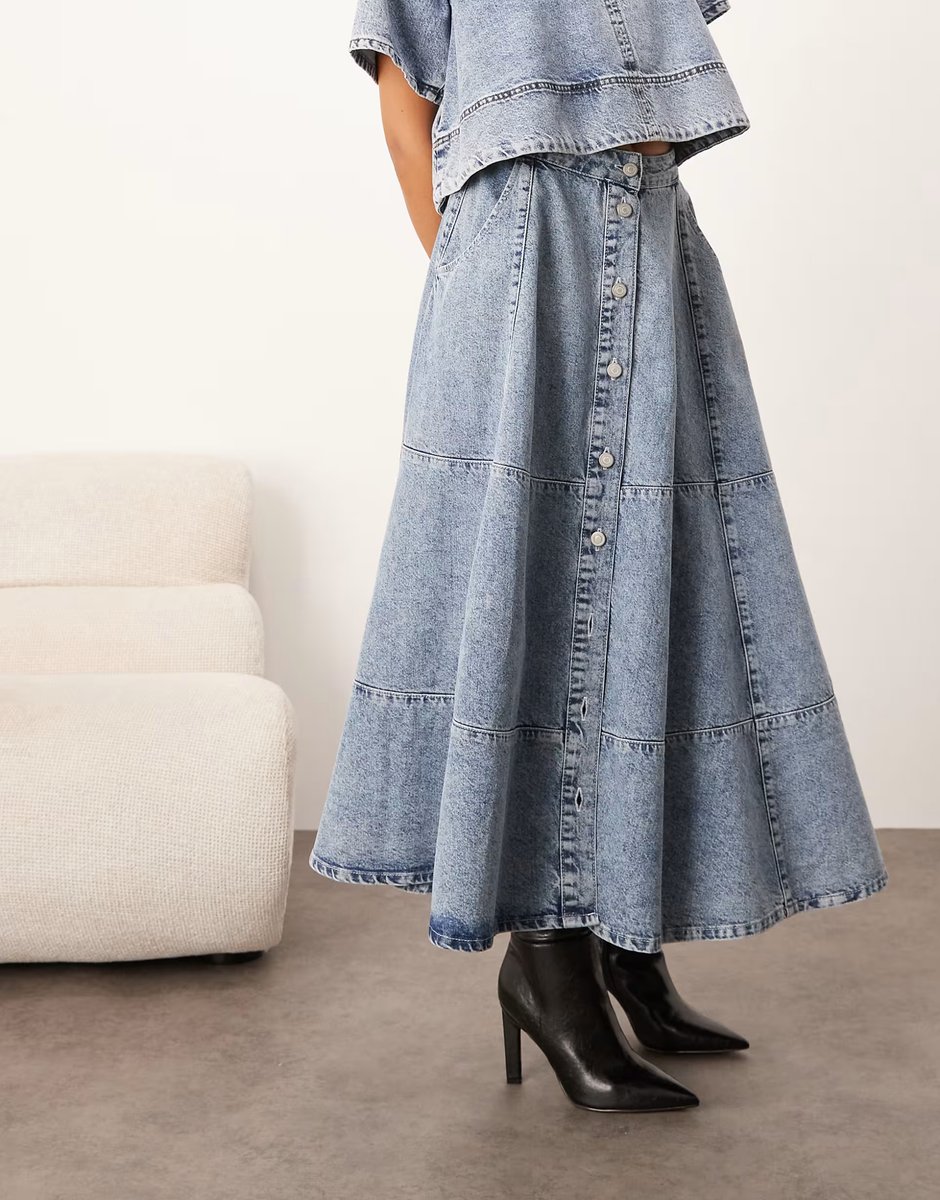 ASOS ARRANGE denim button through midi skirt co ord in mid blue wash - 3