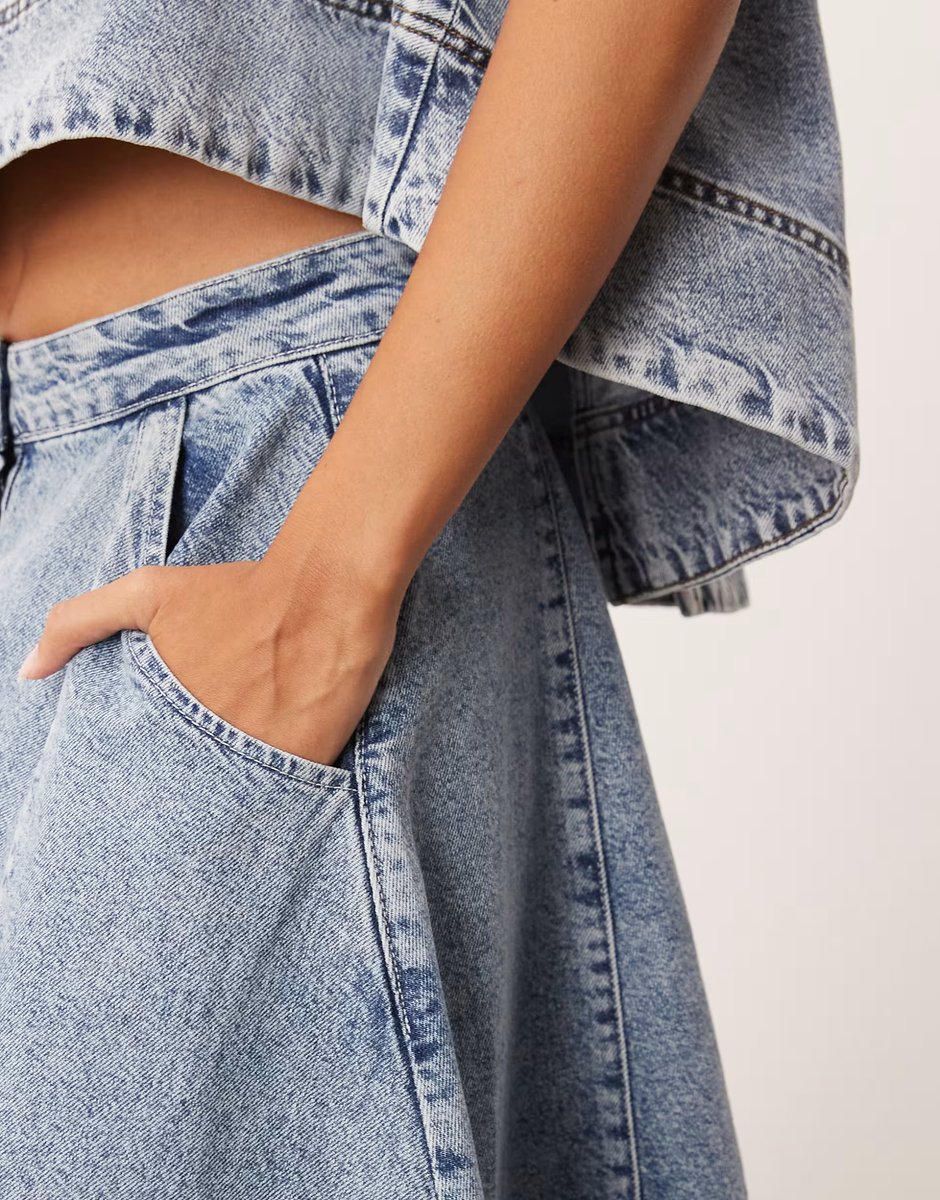 ASOS ARRANGE denim button through midi skirt co ord in mid blue wash - 4