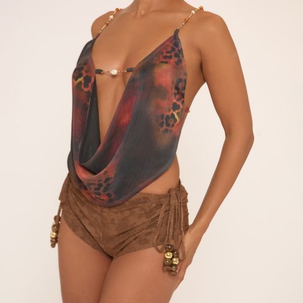 EGO Mid Rise Tie Side Detail Micro Shorts In Chocolate Texture, Women's Size UK 10 - 2