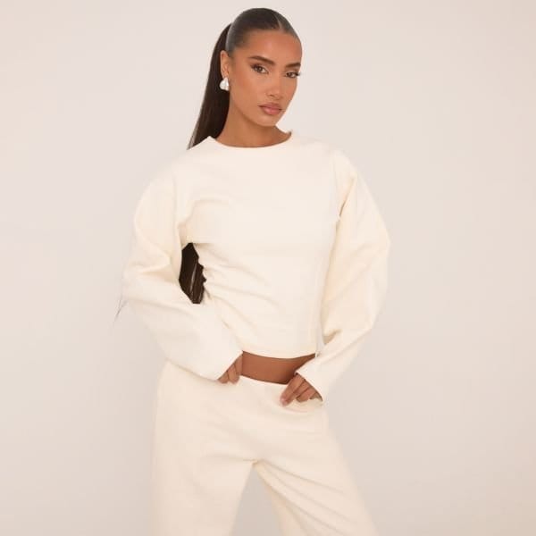 EGO Long Balloon Sleeve Seam Detail Sweatshirt In Cream, Women's Size UK 14 - 1