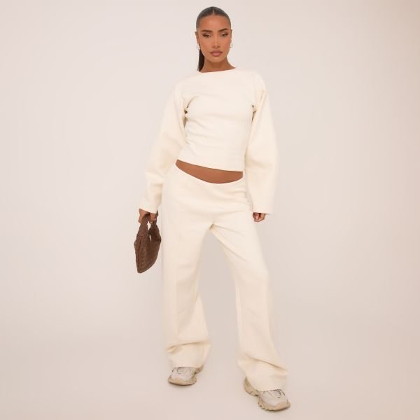 EGO Long Balloon Sleeve Seam Detail Sweatshirt In Cream, Women's Size UK 14 - 2