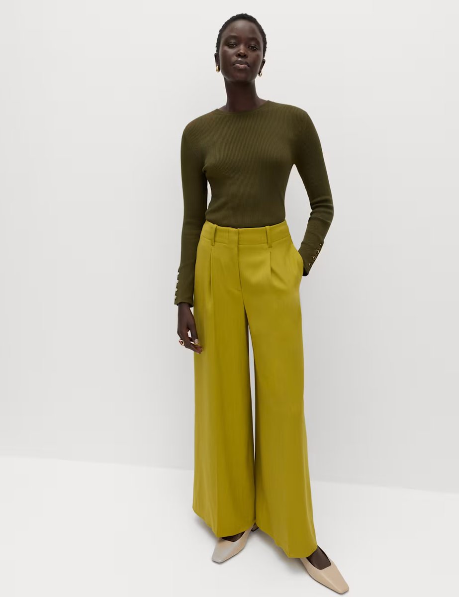 Marks & Spencer M&S Ribbed Crew Neck Button Detail Jumper Khaki - 2