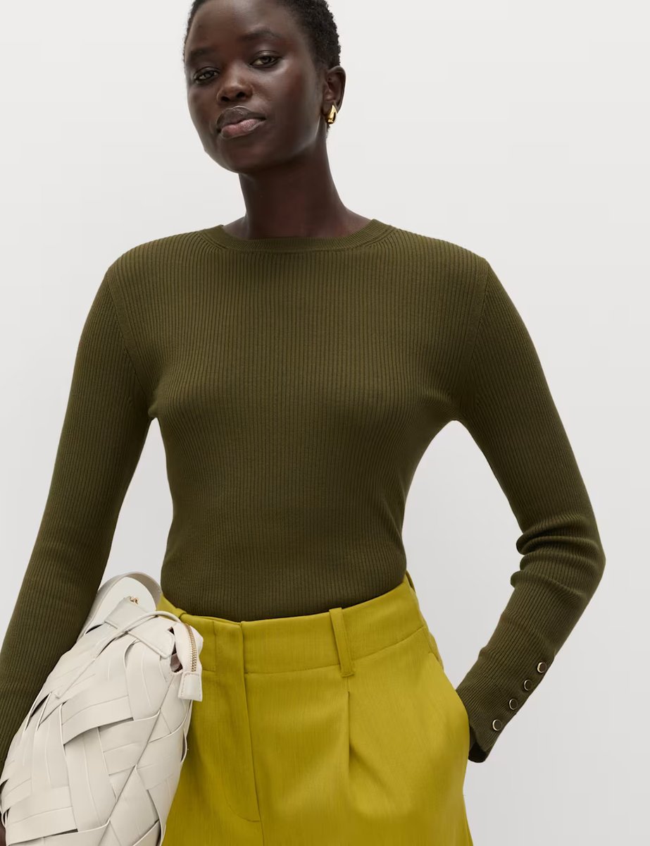 Marks & Spencer M&S Ribbed Crew Neck Button Detail Jumper Khaki - 3