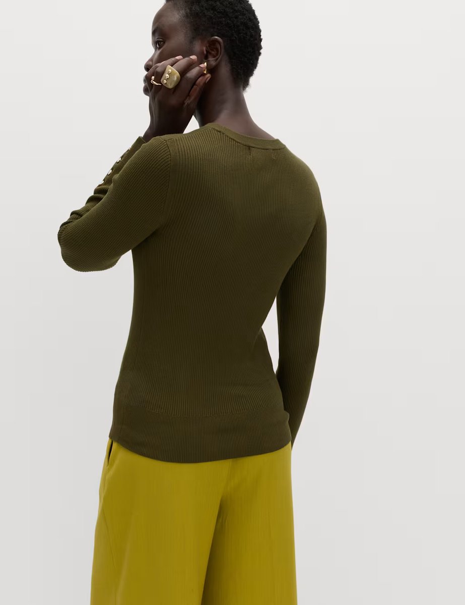 Marks & Spencer M&S Ribbed Crew Neck Button Detail Jumper Khaki - 4