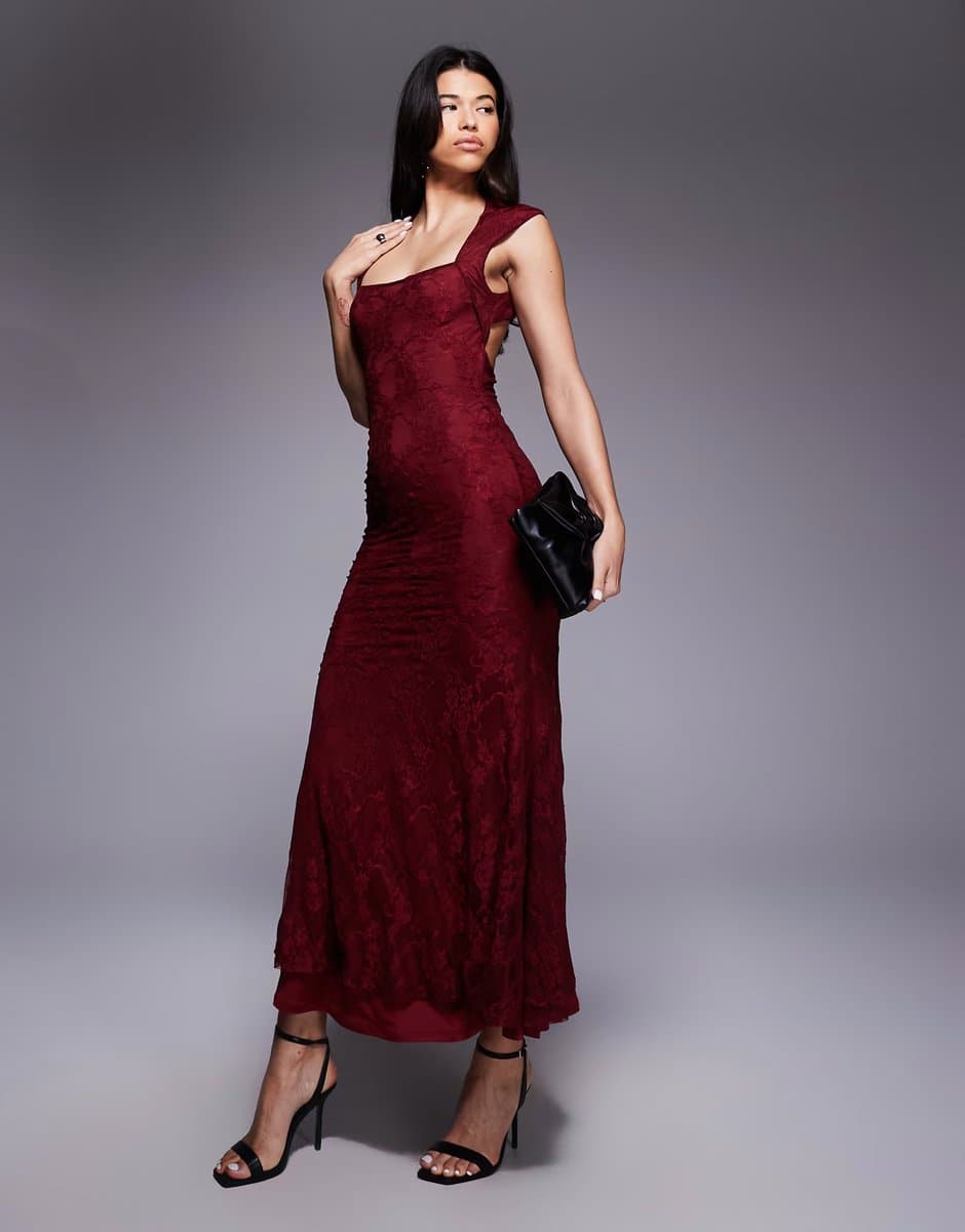 ASOS ASOS DESIGN square neck maxi dress with fishtail silhouette and built up shoulder detail in lace in burgundy