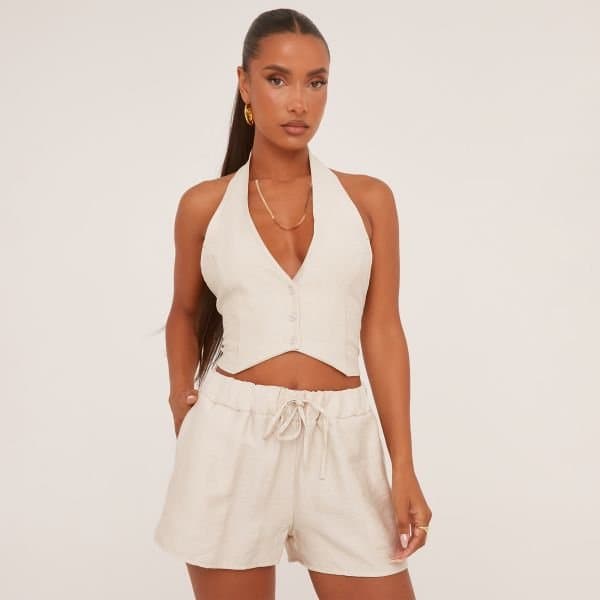 EGO Plunge Button Front Tie Back Waistcoat In Stone Linen, Women's Size UK 14