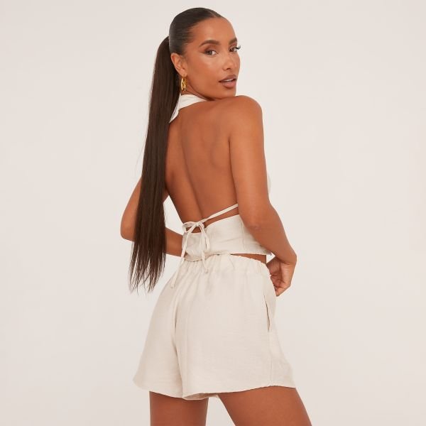 EGO Plunge Button Front Tie Back Waistcoat In Stone Linen, Women's Size UK 14 - 2