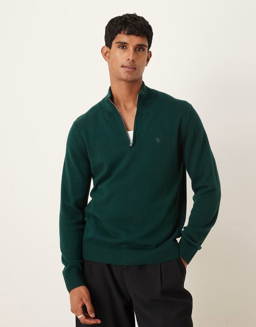 ASOS Abercrombie & Fitch long sleeve chest logo quarter zip jumper in green - 1