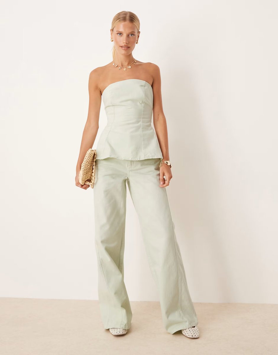 ASOS Mango wide leg mi-waist jean and bandeau denim peplum silhouette top co-ord in pastel green - 1