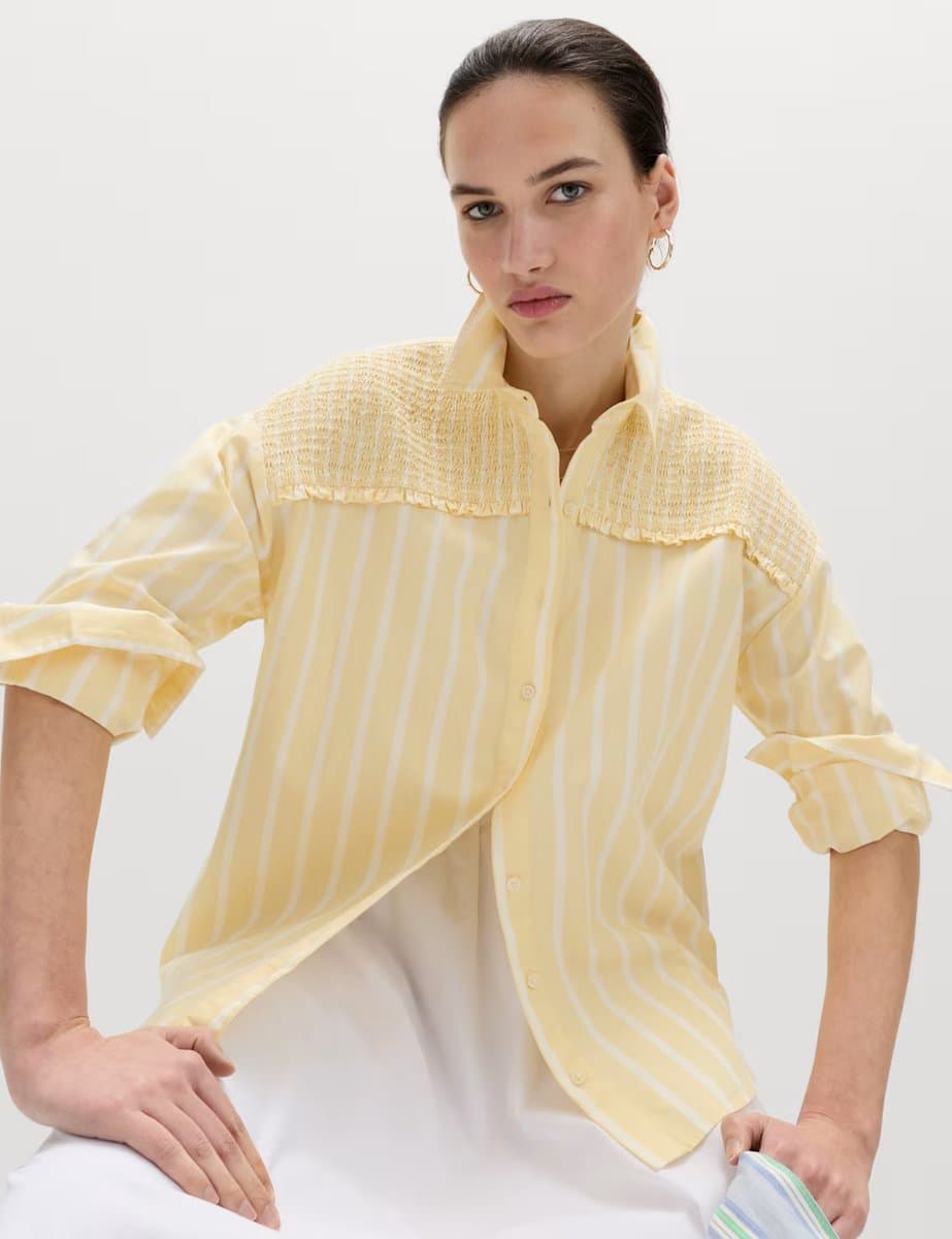 Marks & Spencer M&S Pure Cotton Shirred Striped Shirt Yellow Mix