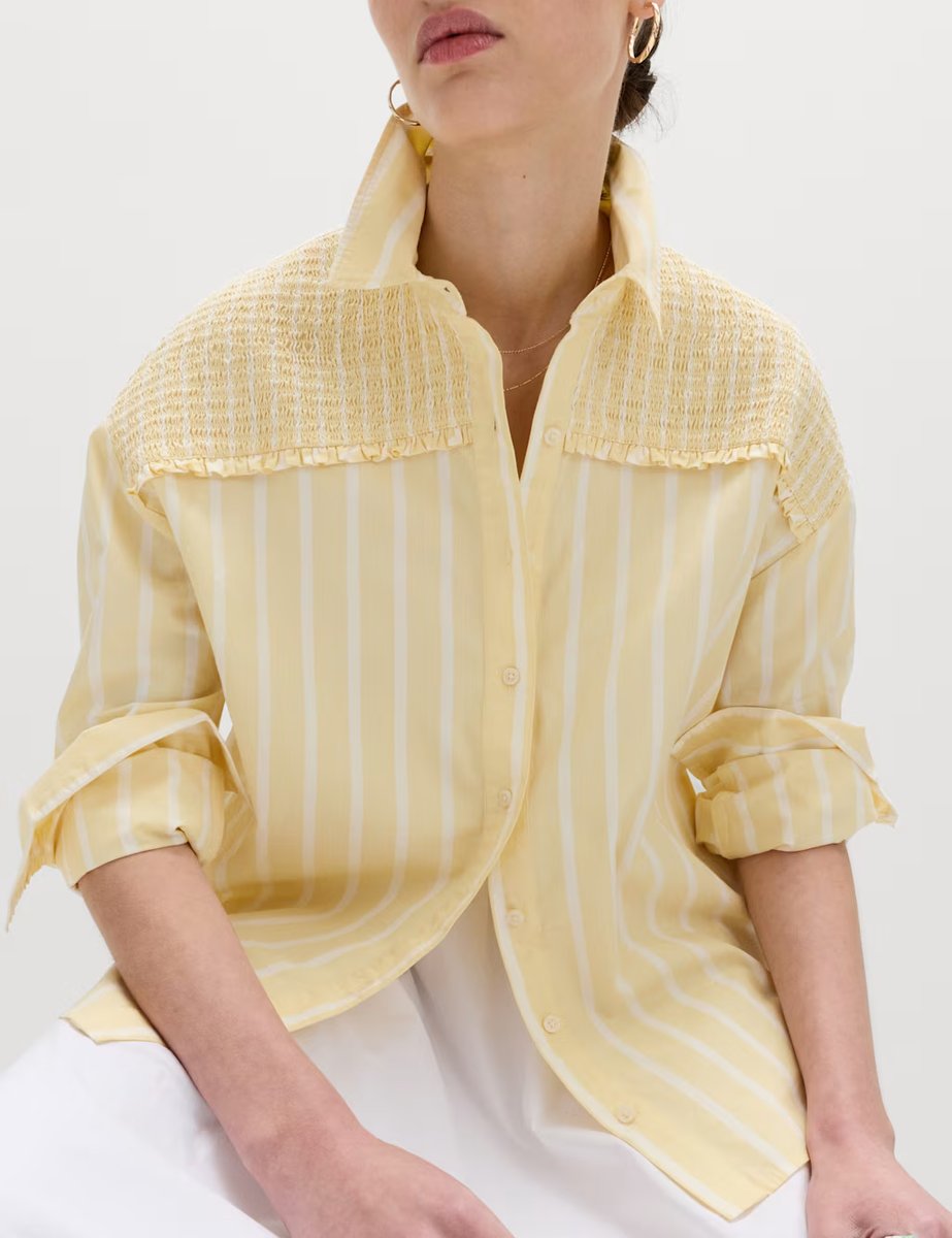 Marks & Spencer M&S Pure Cotton Shirred Striped Shirt Yellow Mix - 3