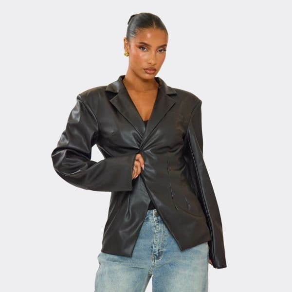 EGO Cinched Waist Blazer In Black Faux Leather, Women's Size UK 6 - 1