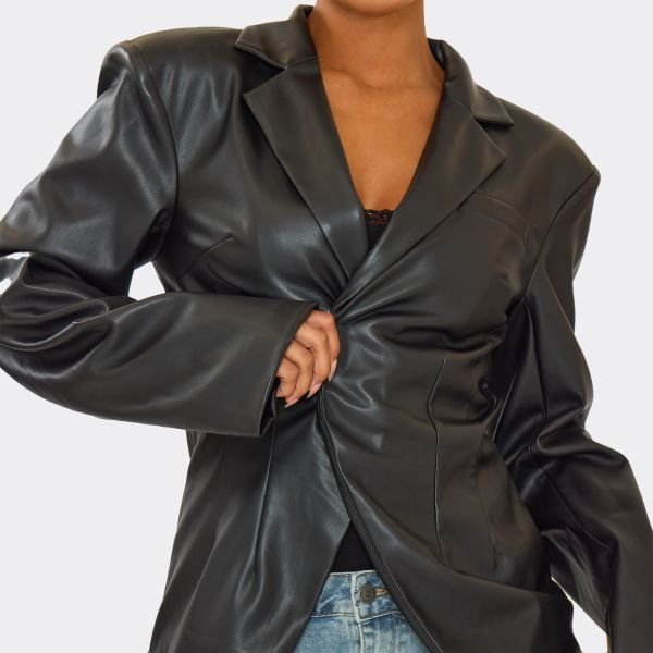 EGO Cinched Waist Blazer In Black Faux Leather, Women's Size UK 6 - 2